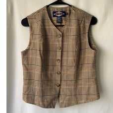 Vtg Ruff Hewn Womens Vest MP Medium Petite Tan Plaid Academia Western Fisherman