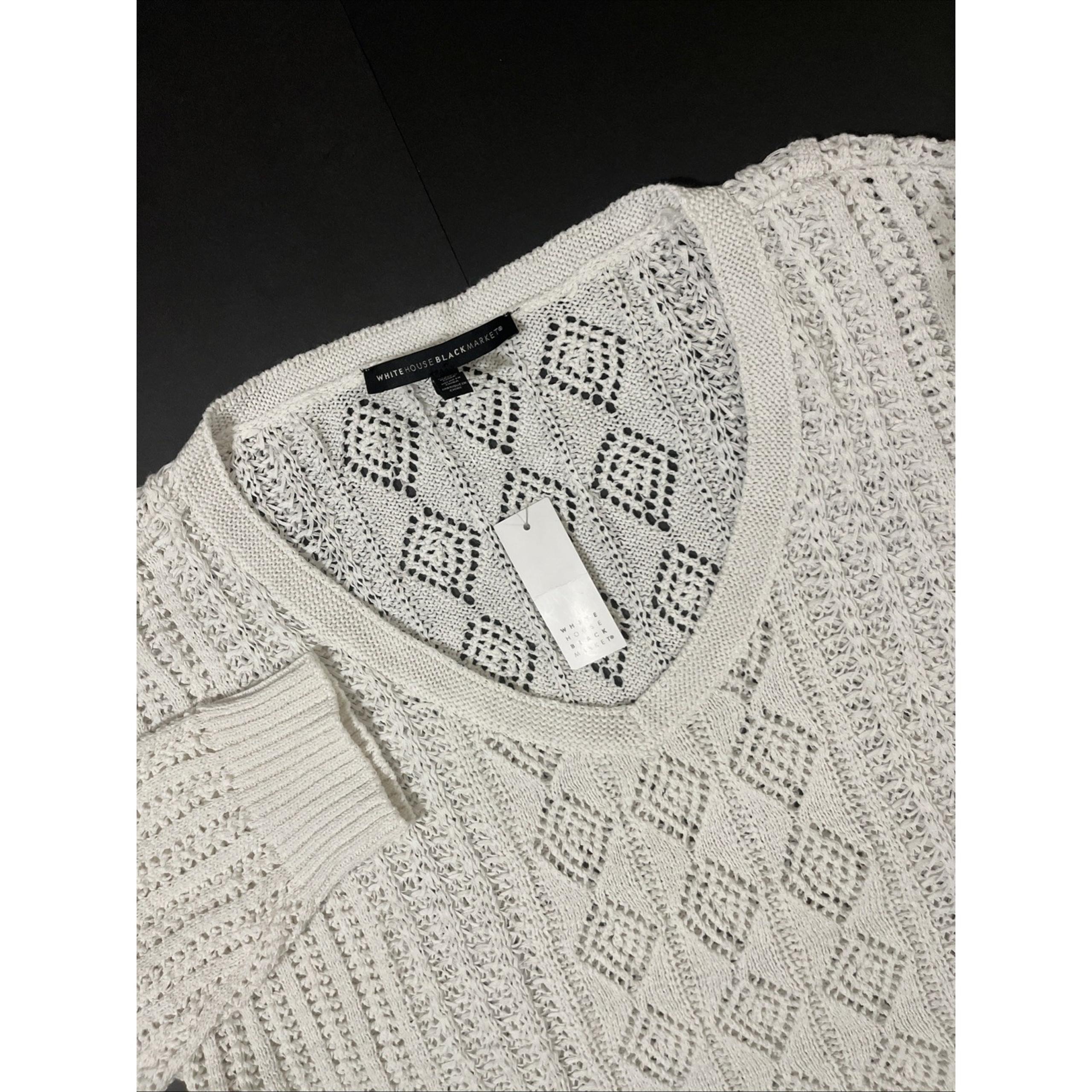 WHITE HOUSE BLACK MARKET Sweater XL Pointelle Stitch V Neck Linen Blend White