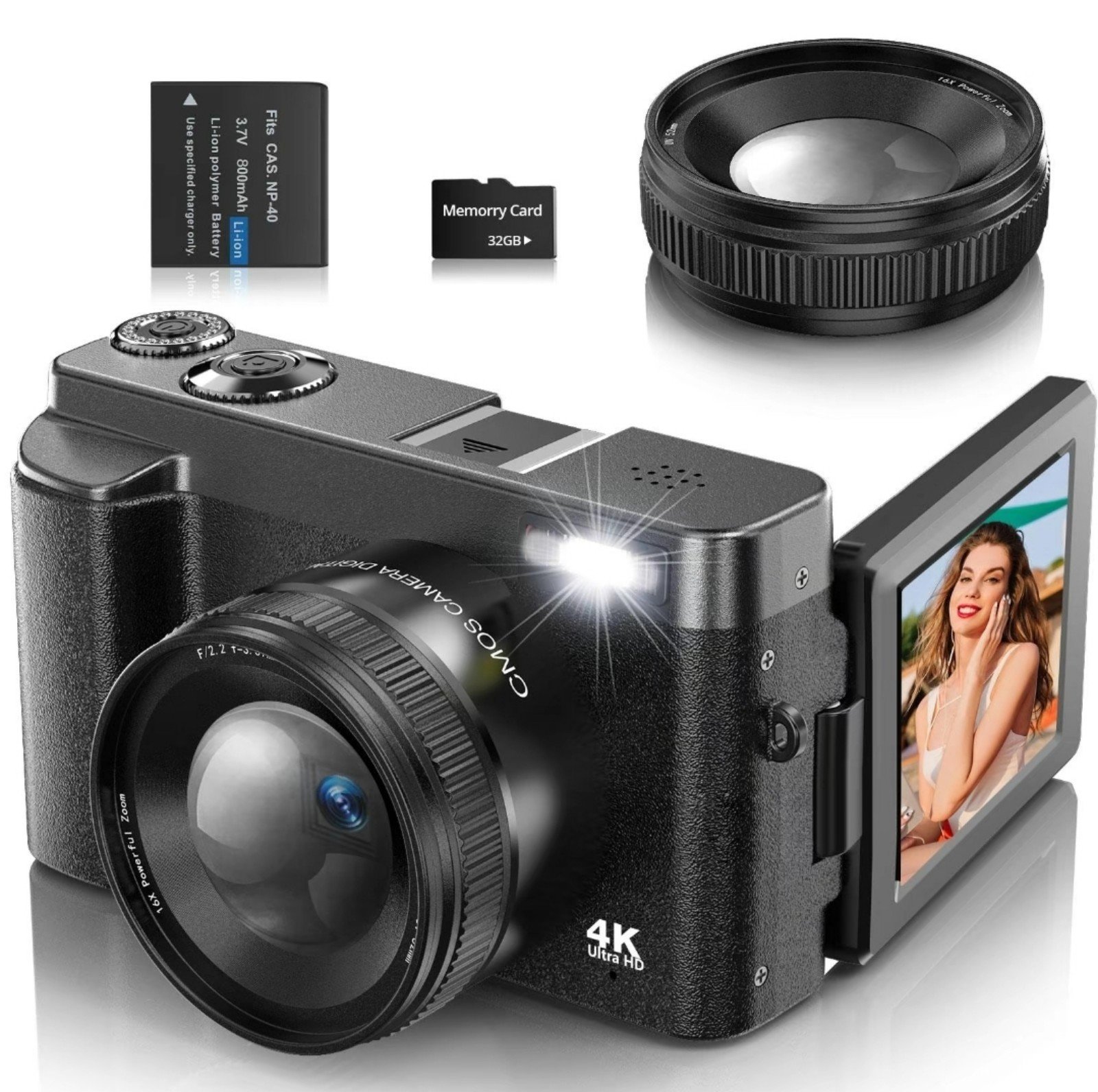 4K Video Recording Digital Camera, 48MP Auto Focus Pixel Digital Camera with 16X