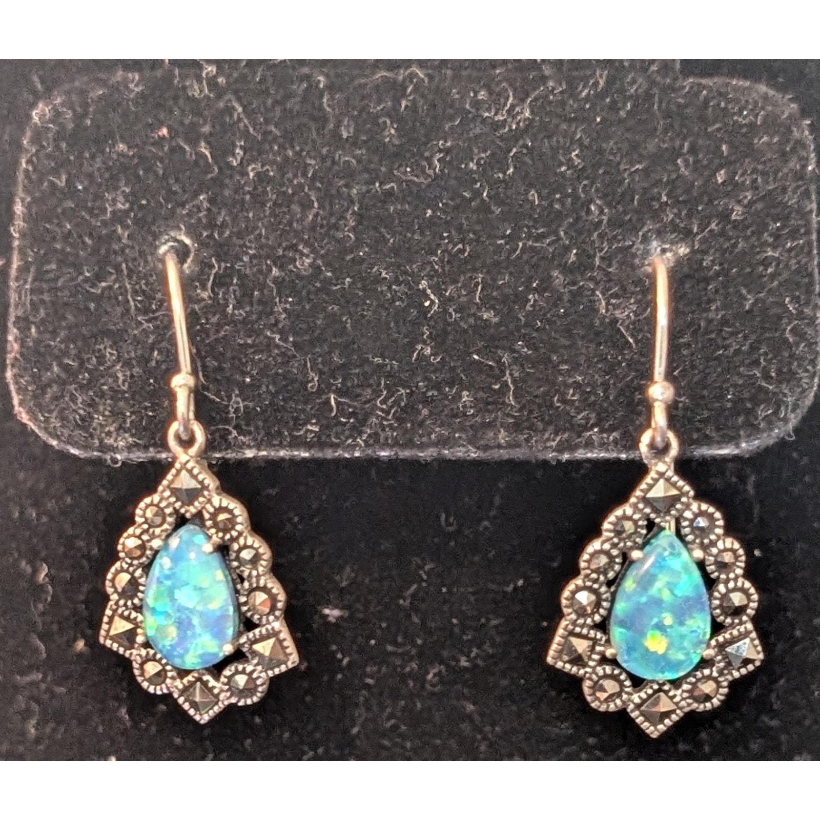 Vintage Sterling Silver 925 Opal Marcasite Dangle Earrings SLC Thailand