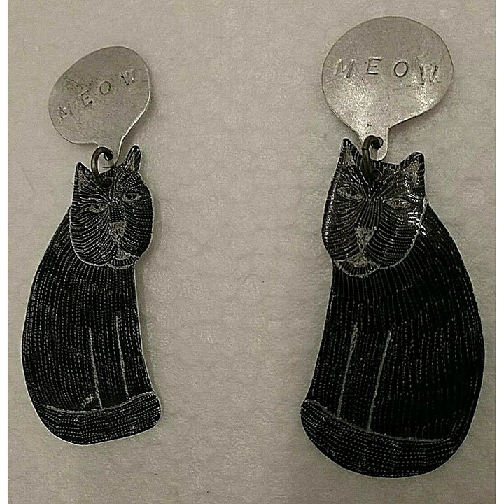 BLACK CATS Meow Etched Silvertone As-is Craft Jewelry Parts Stylized Artisan-mad