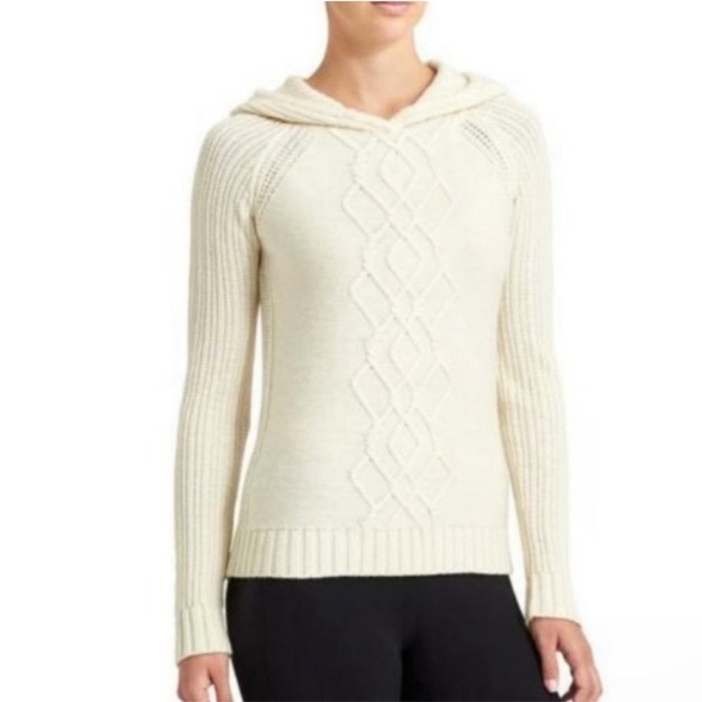 Athleta Cold Spell Merino Wool Cable Knit Cream Thick Sweater w/ Hood XL
