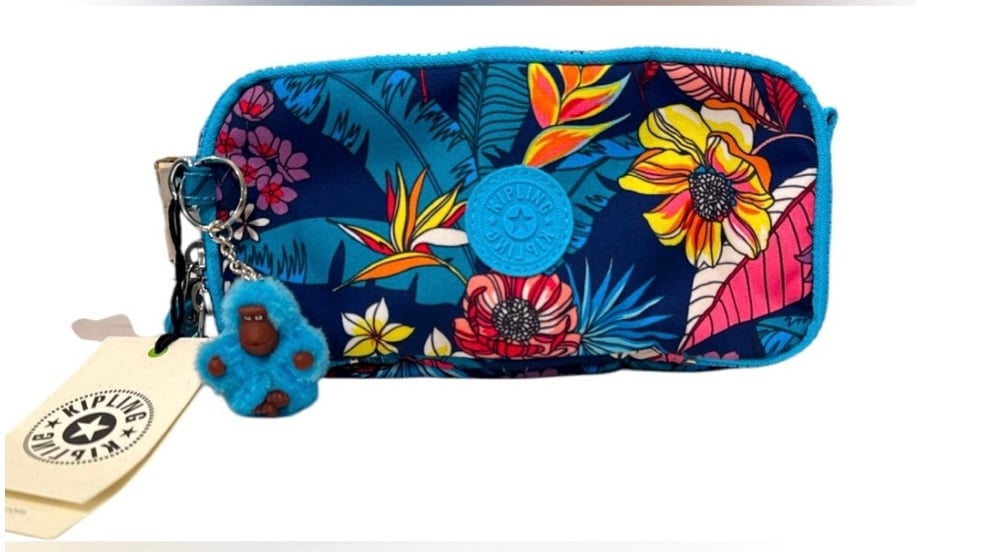 Kipling Chap Pen Case Makeup Accessory Pouch Polyester Exotic Leaves