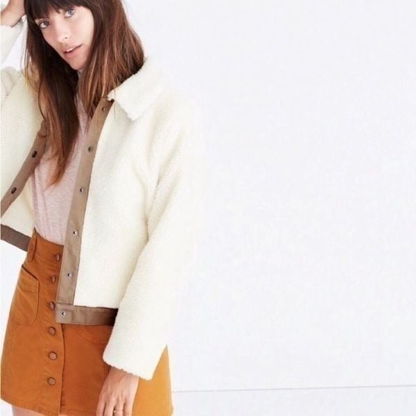 Madewell Cozy Women's Sherpa Portland Bomber Jacket Contrasting Trim Pockets