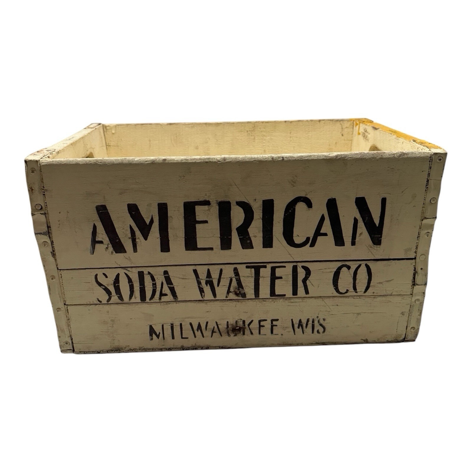 Vintage American Soda Water Co Wooden Crate Carrier Milwaukee WI Painted Yellow
