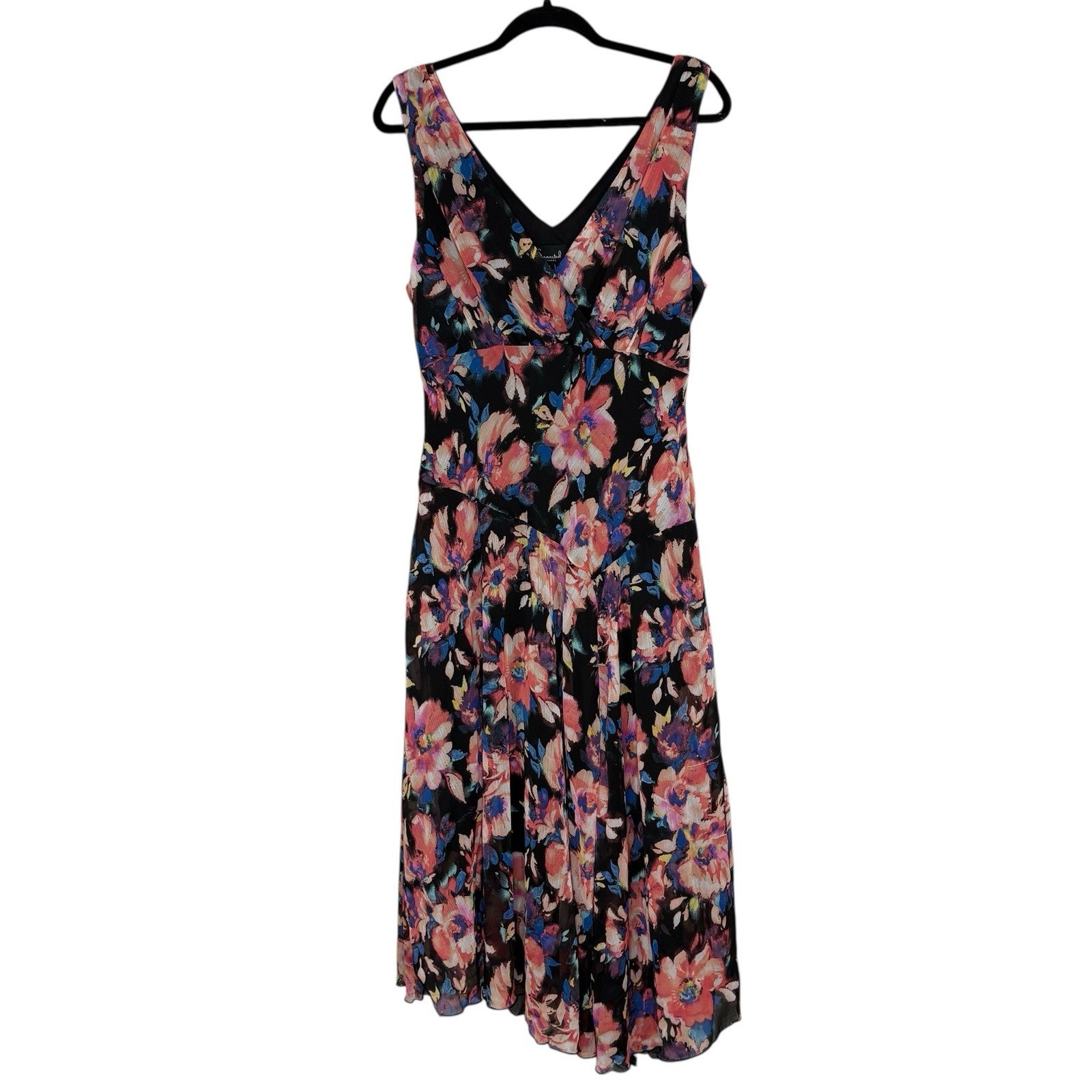 NWOT Size 14 Sleeveless V Neck Floral Midi Dress Asymmetric Hem