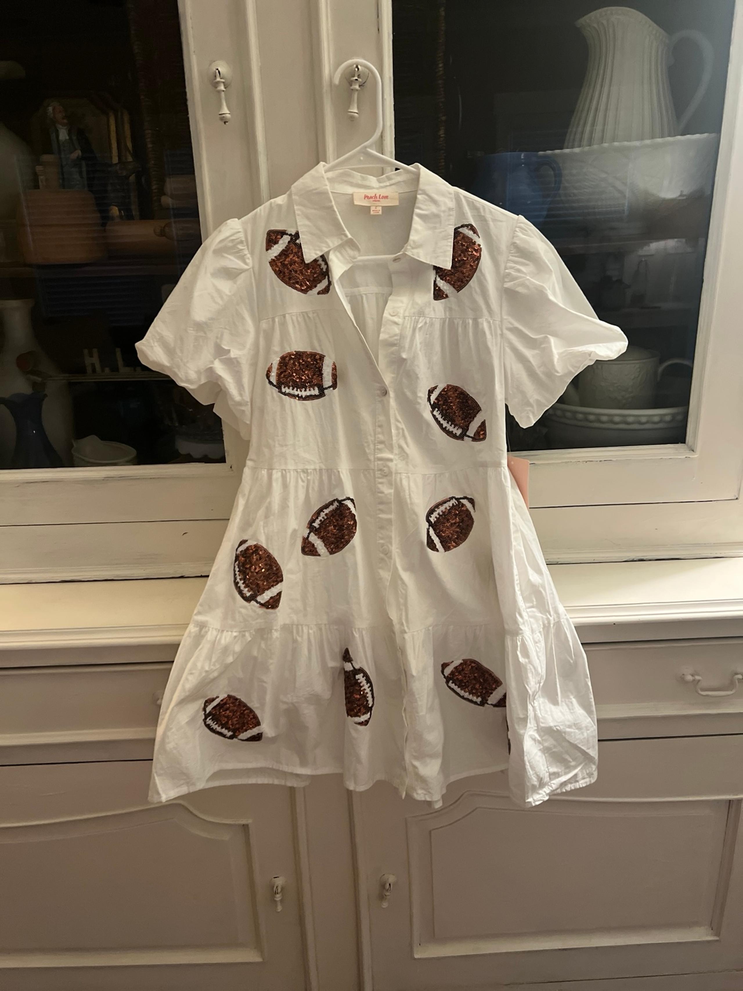 Peach Love Sequin Football Dress Womens small white Babydoll Puff Shoulder NWT