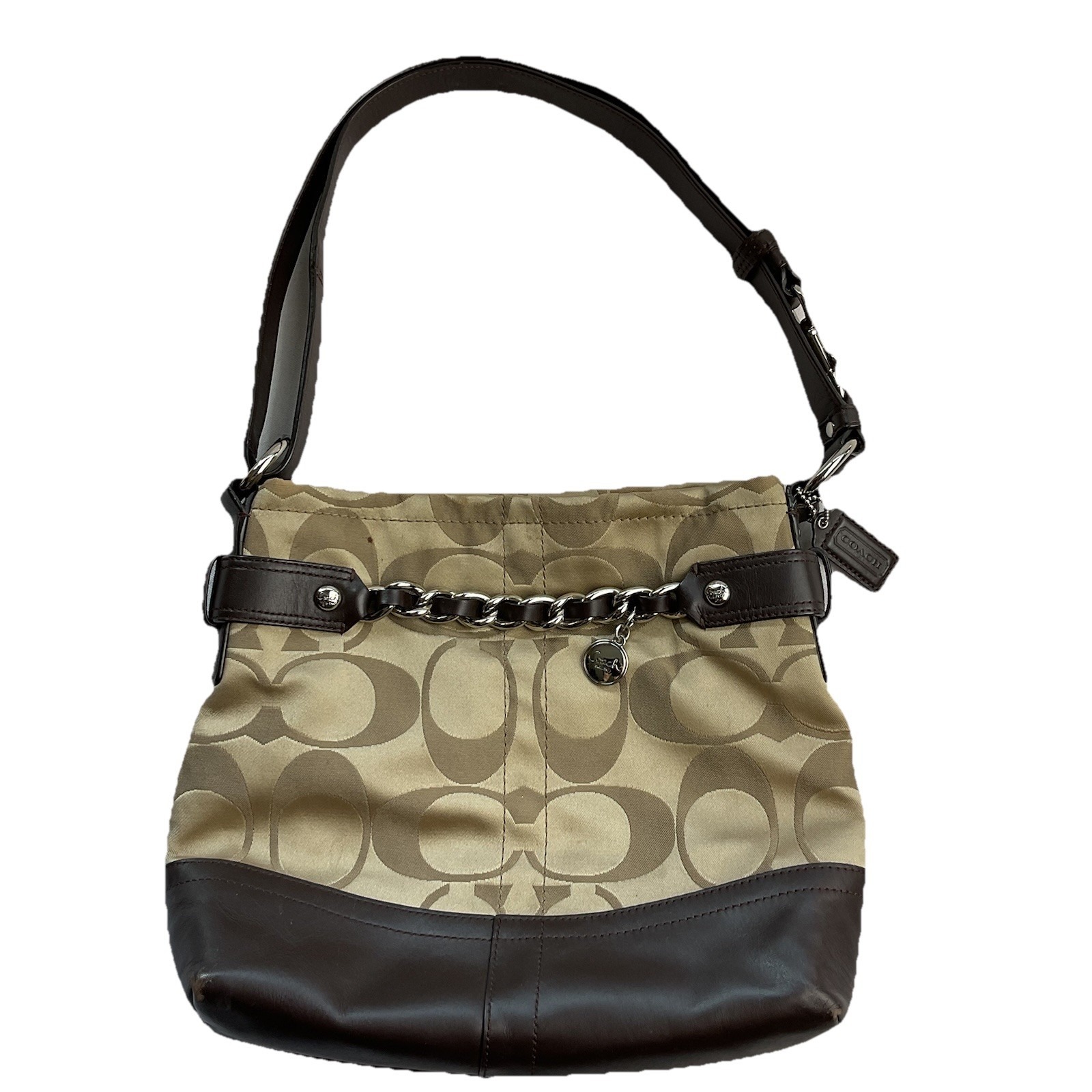 Coach Signature Tan & Brown Satin, Chain Shoulder Bag W/ Leather Straps F18862 *