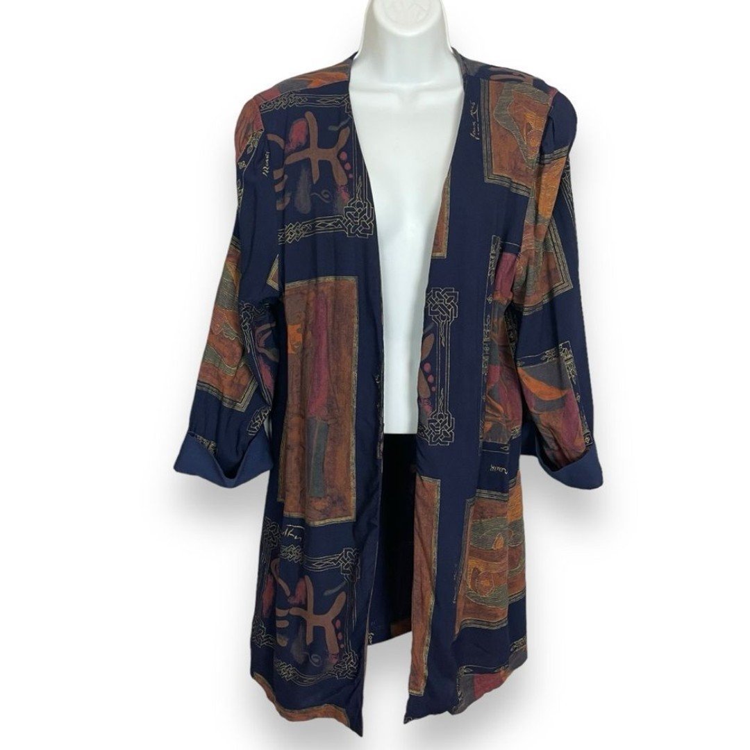 Vintage Open Jacket Rayon Abstract Pattern Size 18 Kimono Mid-Century Artists