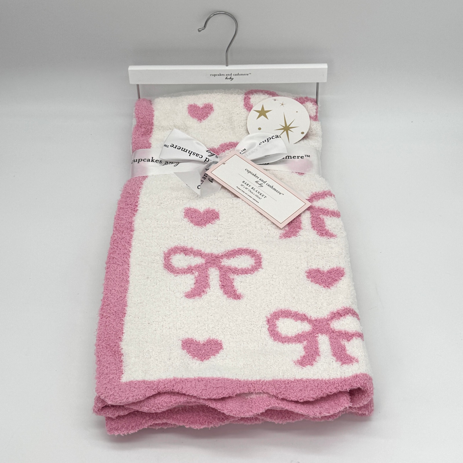 Cupcakes & Cashmere Pink Bows Hearts Baby Blanket Chenille 40”x30 NEW