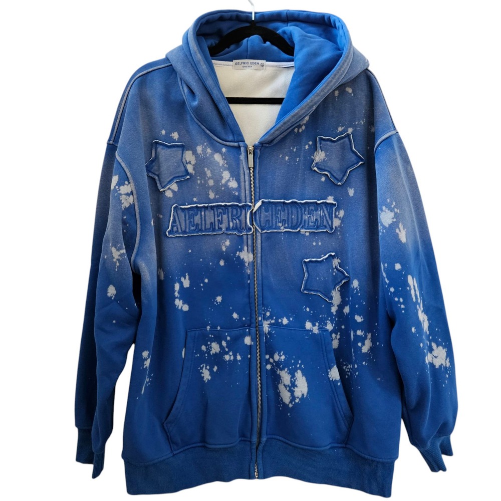 Aelfric Eden Sweater Mens L Blue Heavy Soft Full Zip Up Hoodie Y2K Pocket Retro