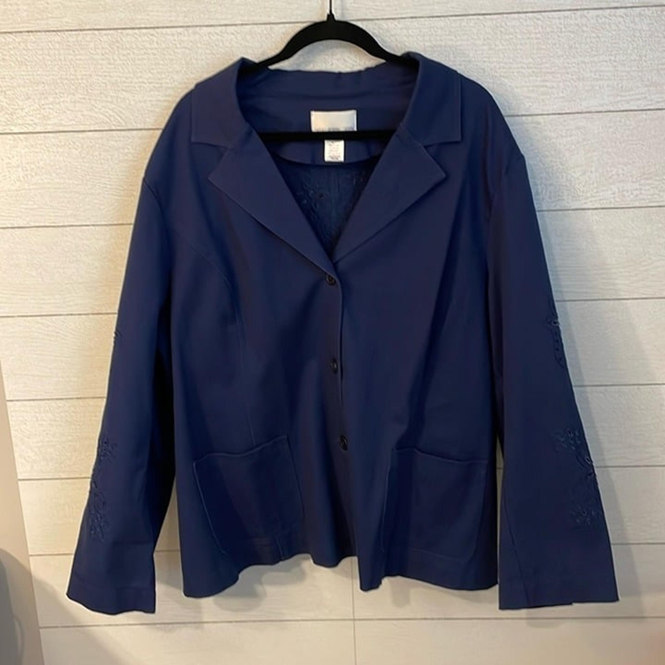 Womens Blue Floral Embroidered Cut Out Jacket Size 3X Cotton Blend - Susan Graver