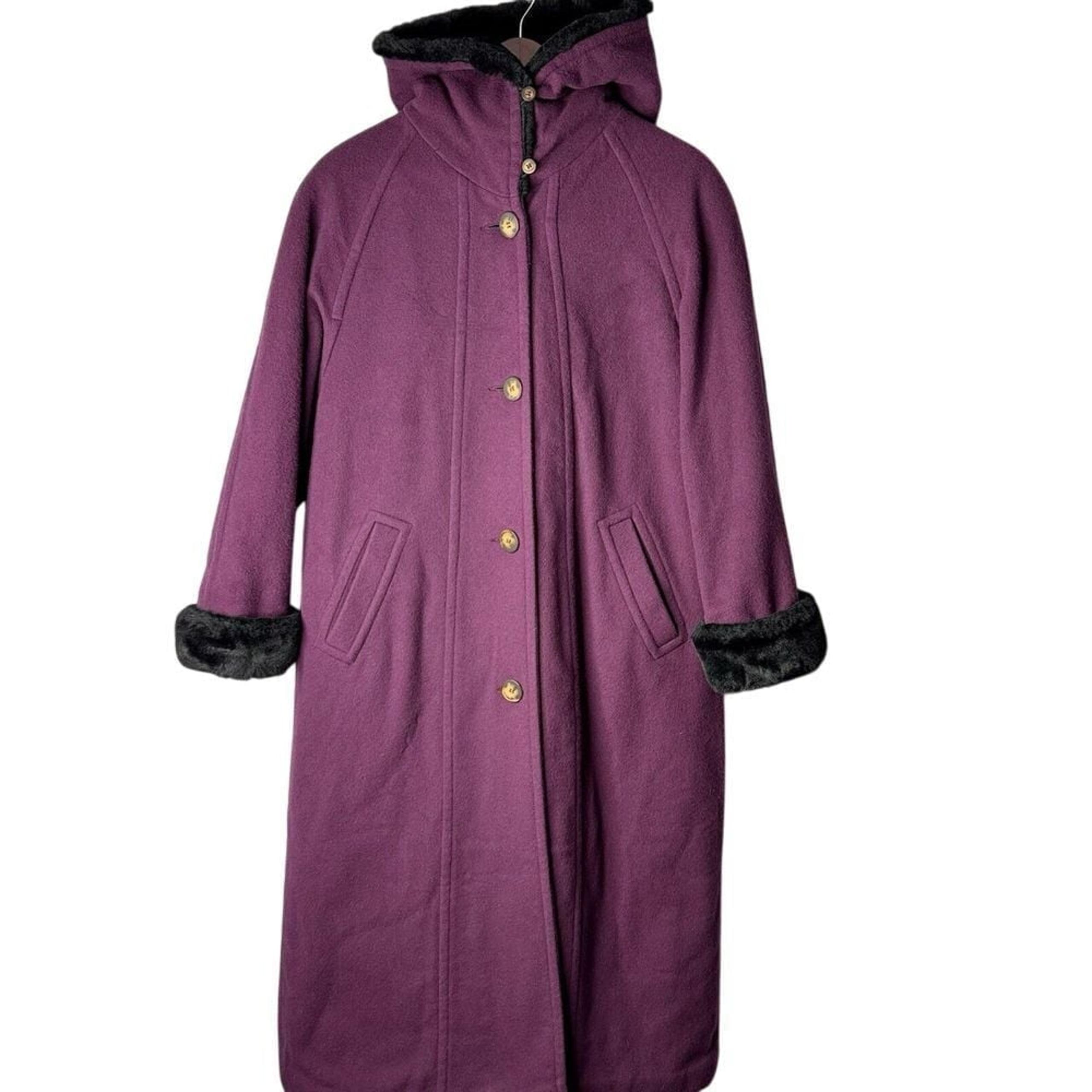 Vntage L.L. Bean Alpaca Blend Coat sz S Hooded Faux Fur Trim Long Winter Purple