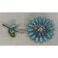 Vintage Weiss Blue Green Floral Brooch Goldtone Pin