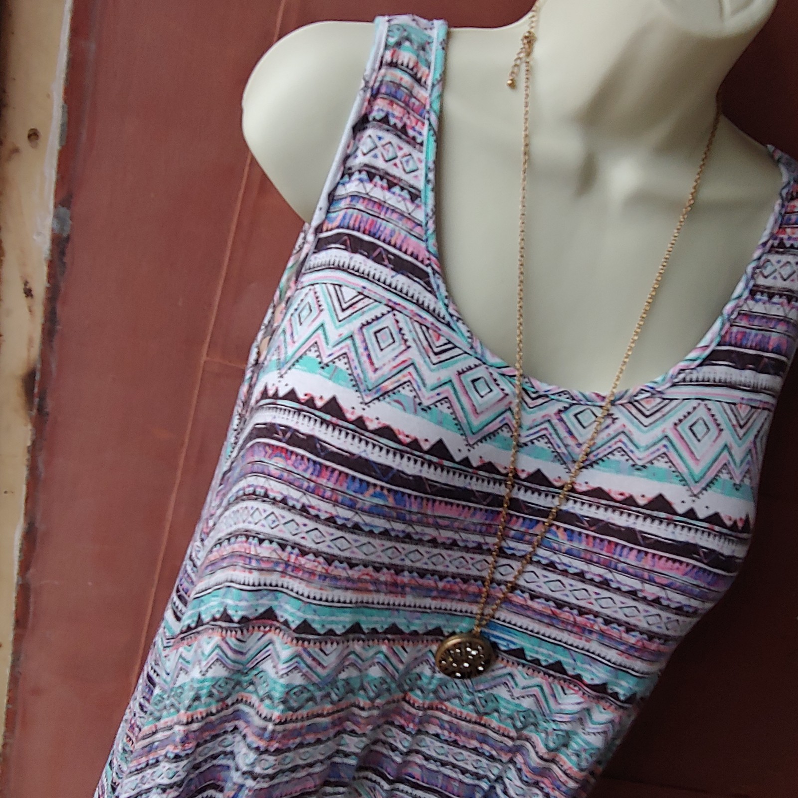 All At Once | Boho Swing Multicolor Aline Tunic Crochet Lace Hem Tank Top Large
