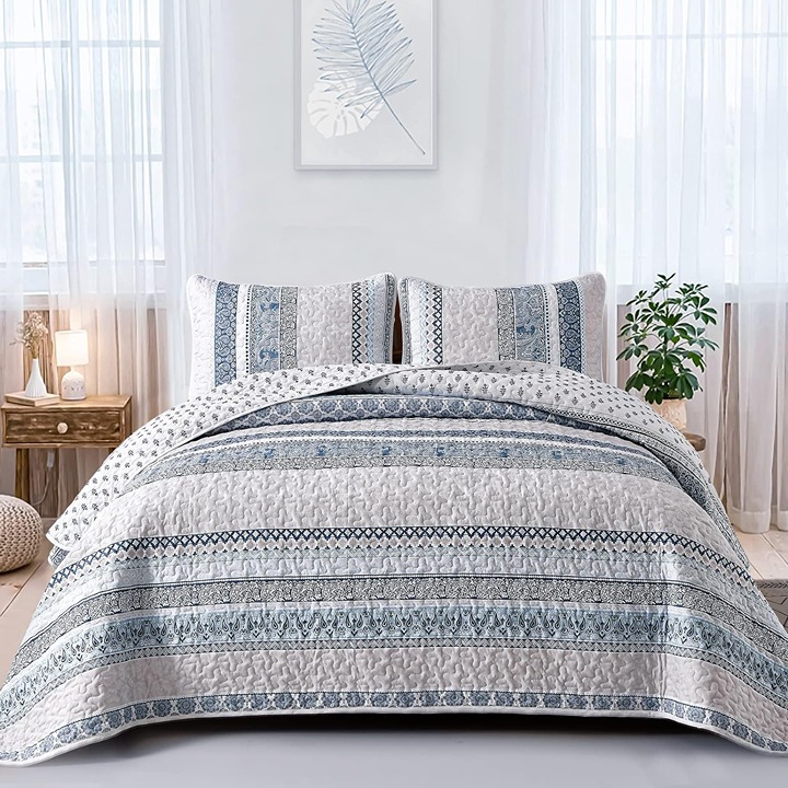 Quilt Set King Size, Light Blue Bohemian 3 Pieces Quilt Sets,
