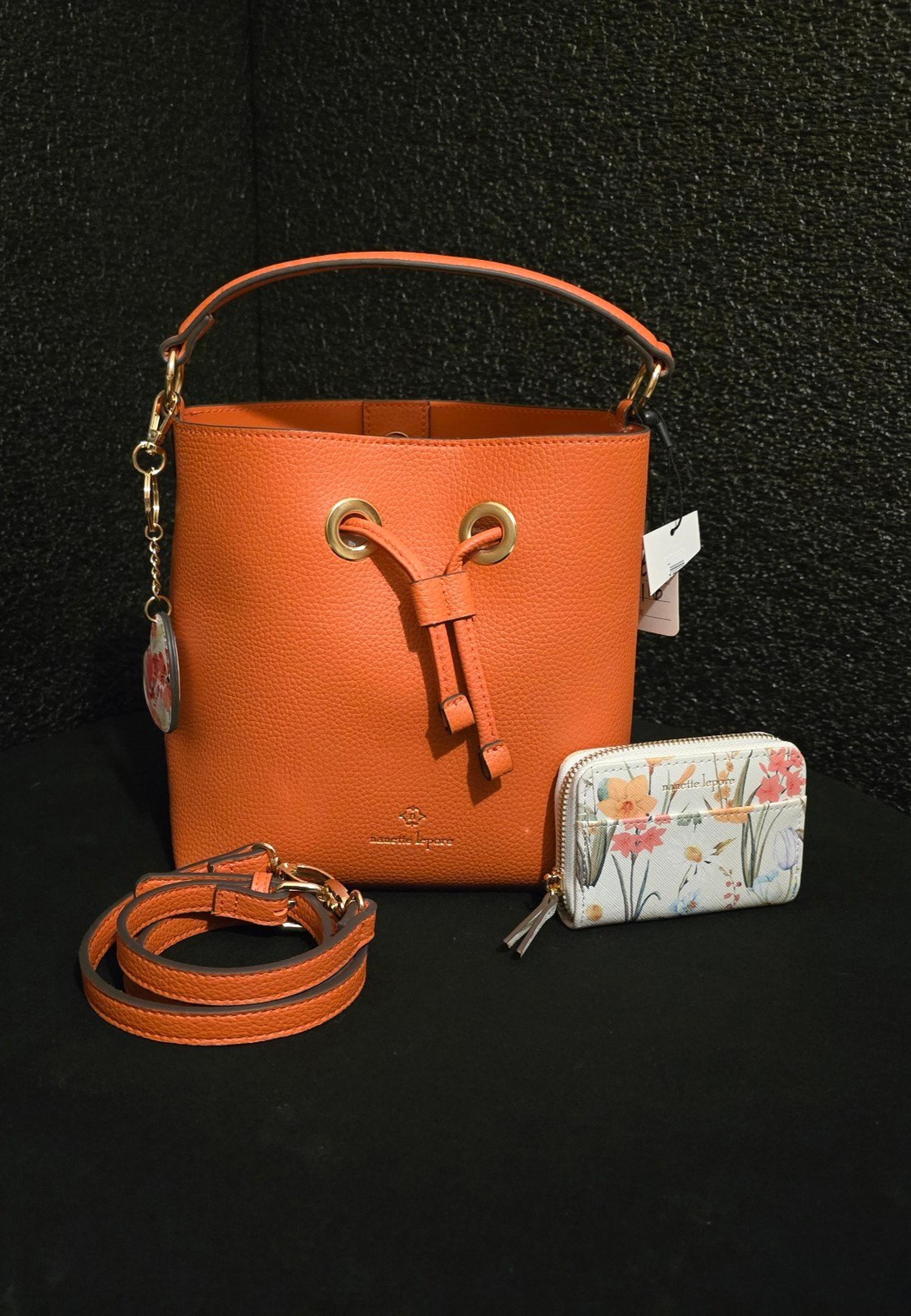 Nanette Lapore 2-Way Orange Bucket Tote Shoulderbag Crossbody with FloralWallet