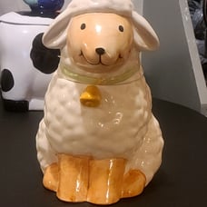 VTG Little LAMB Cookie Jar Beak Green Ribbon 10” Tall Trans-World Prosperity