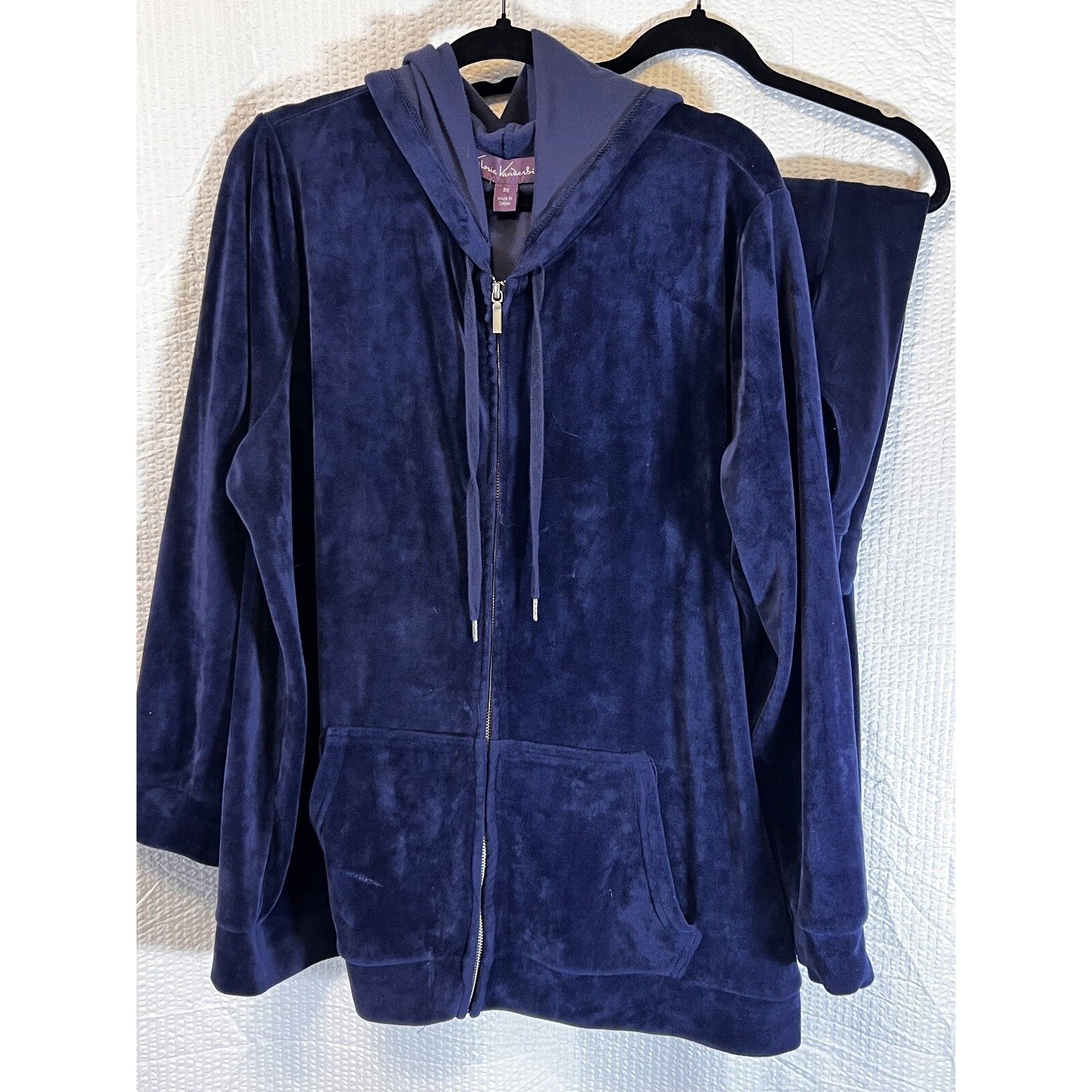 VTG Gloria Vanderbilt 2-Piece Hooded Velveteen Leisure Track Suit Navy 3x XXXL