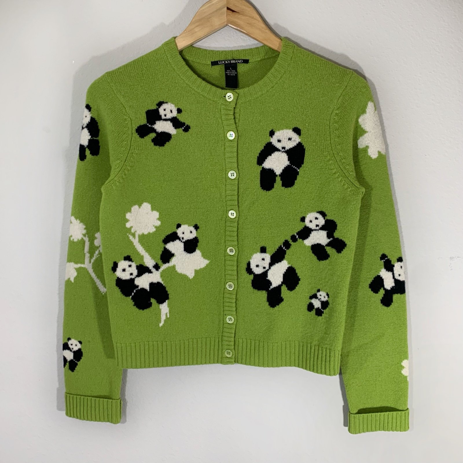 Lucky Brand Green Panda Wool Button-up Cardigan Sweater • Size L