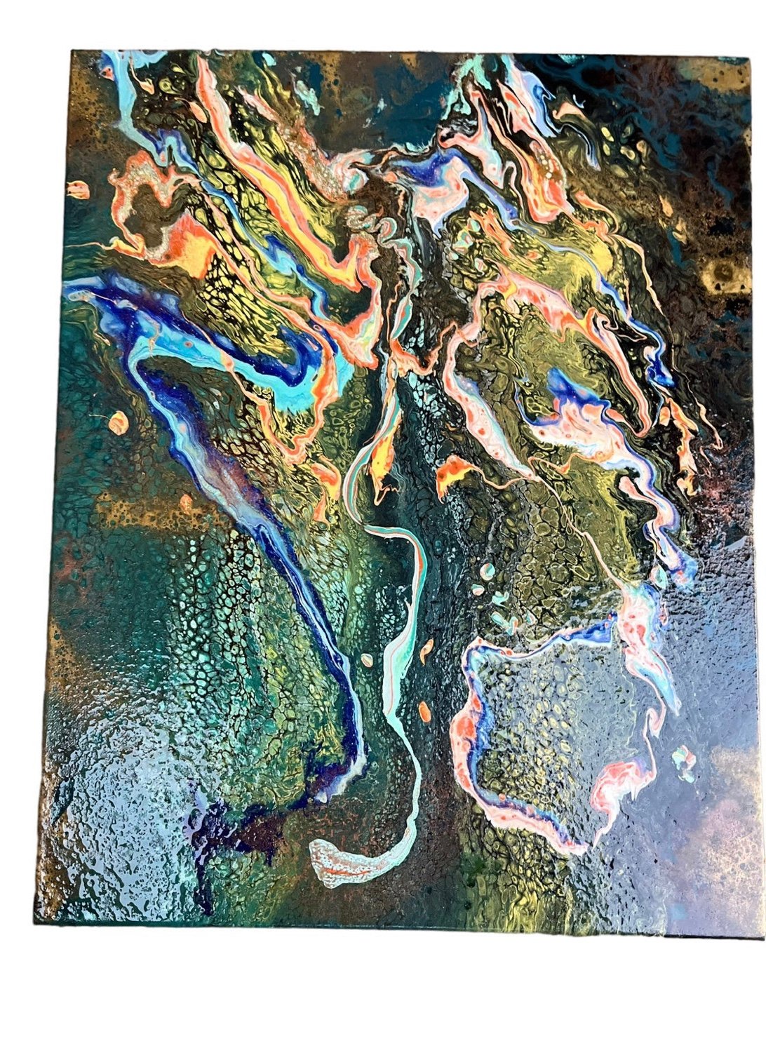 Painting original by me. Abstract fluid art green teal oranges and yellows.