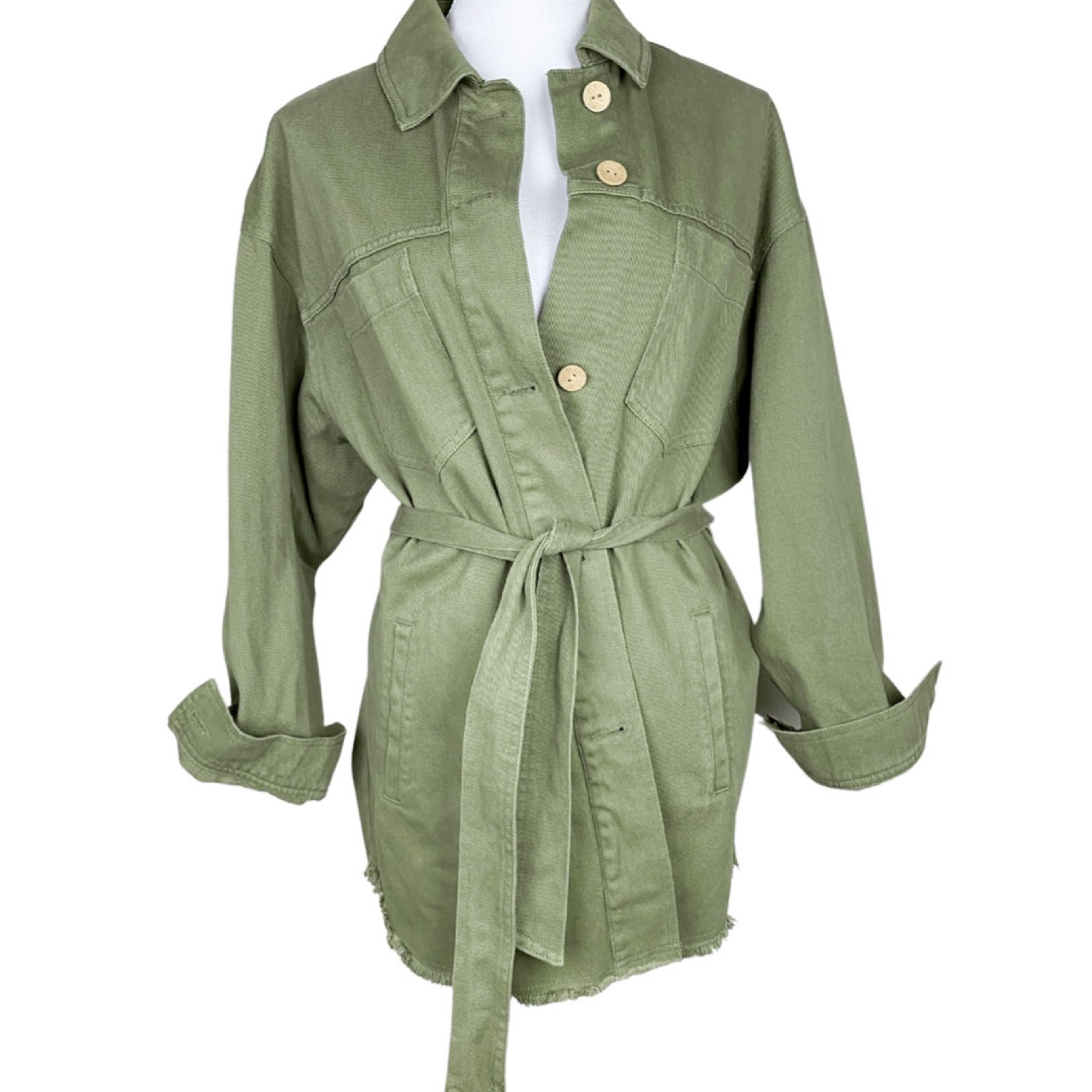 ZARA Green Oversized Military Collar Canvas Belted Womens Utility Coat Small