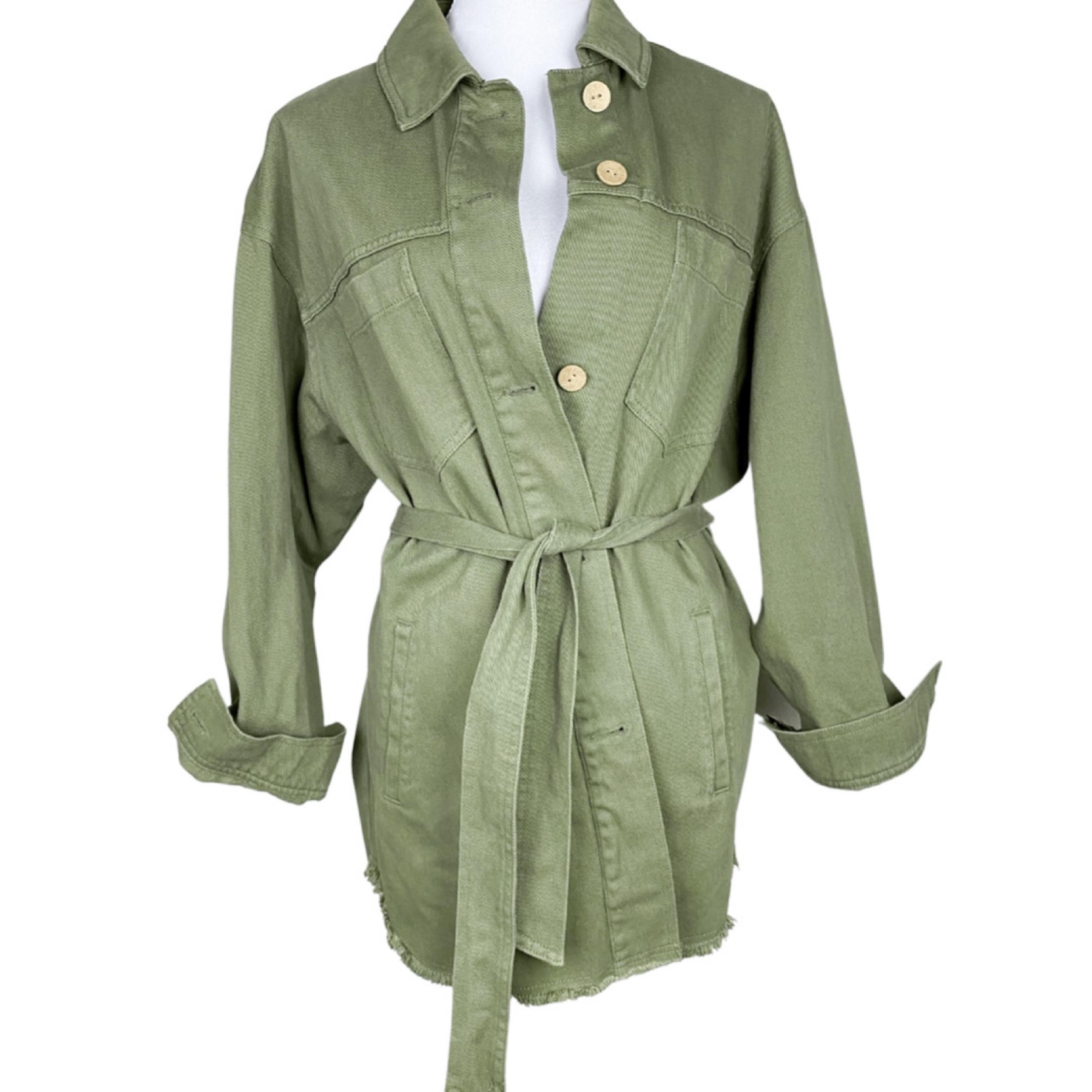 ZARA Green Oversized Military Collar Canvas Belted Womens Utility Coat Small