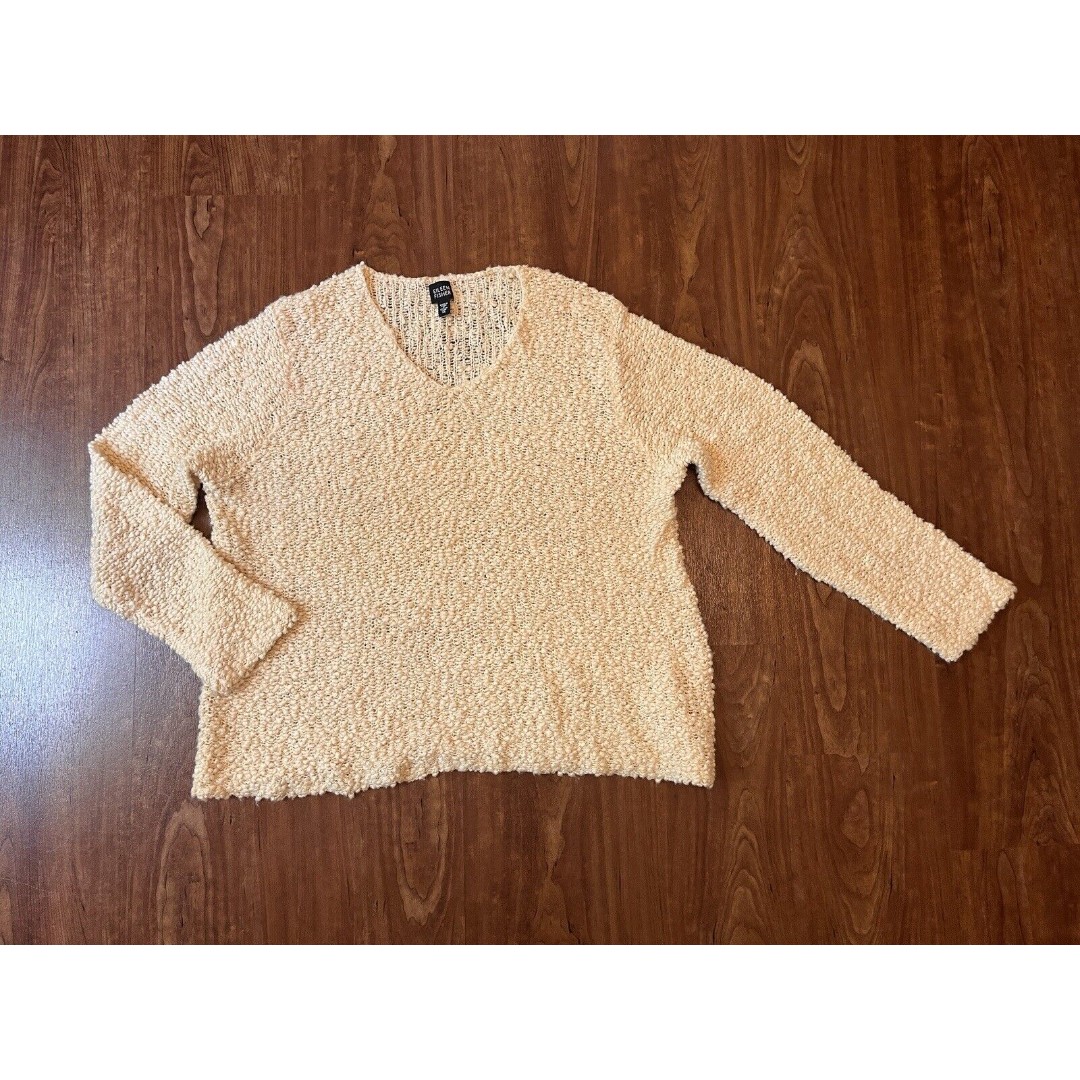 Eileen Fisher Chunky Bubble Knit V-Neck Sweater Wool & Silk Cream Women's XL