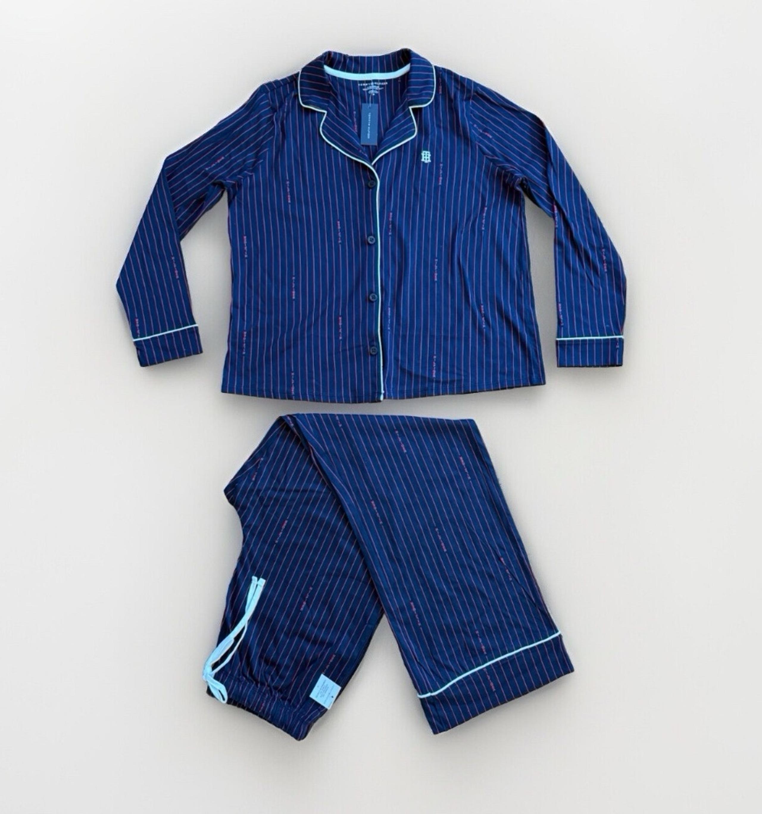 Tommy Hilfiger Women M 2piece Cotton Pajama Set Navy Striped Long Sleeve + Pant