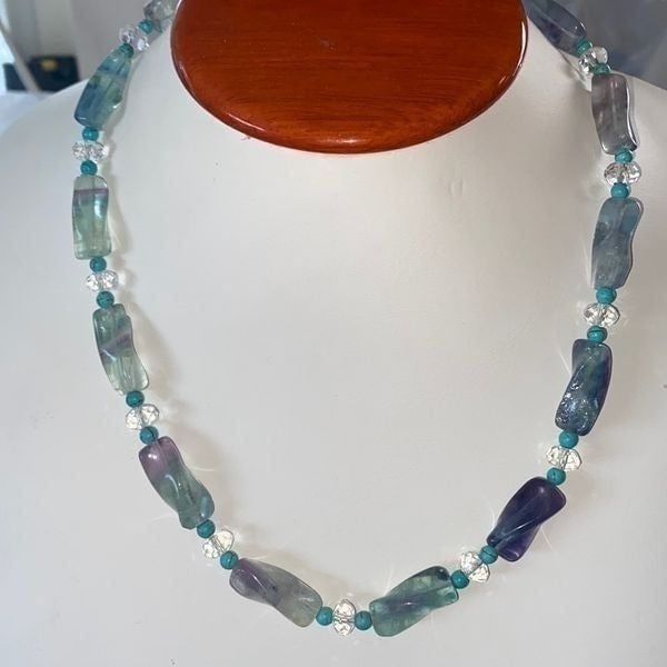 Rainbow Fluorite Pebble Necklace With Turquoise Spacer Beads