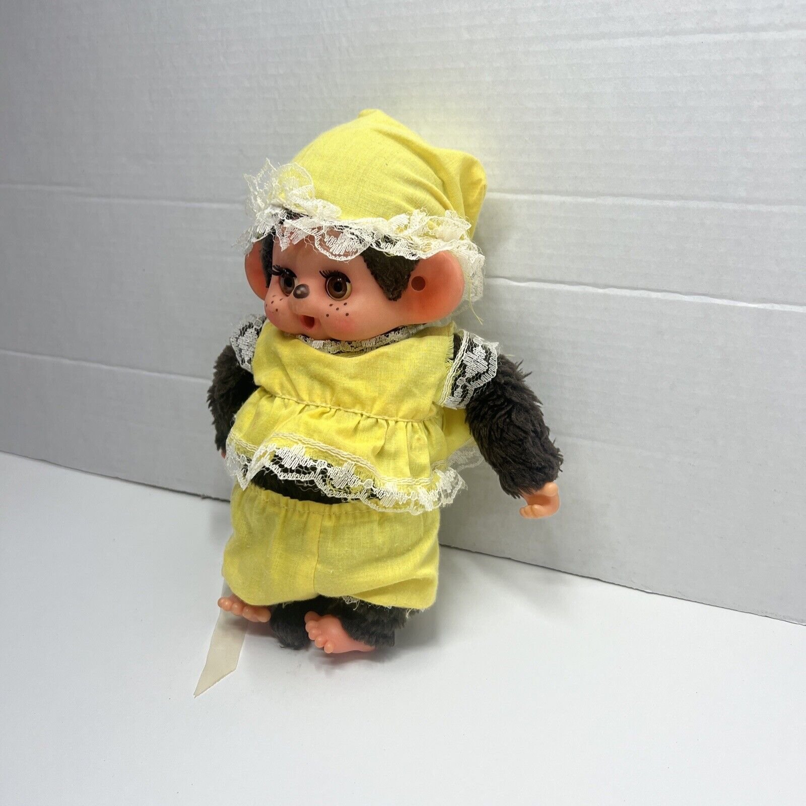 Monchhichi Girl Doll Sleepy Eyes Vintage with Yellow Outfit