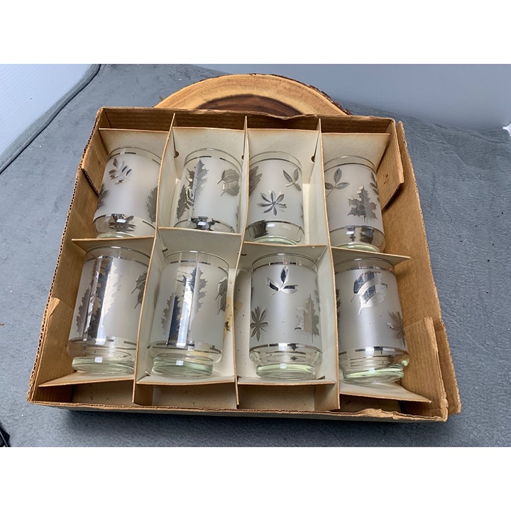 Libbey Hostess Silver Foliage 12oz Glasses Set of 8 Vintage Mid-Century Modern R