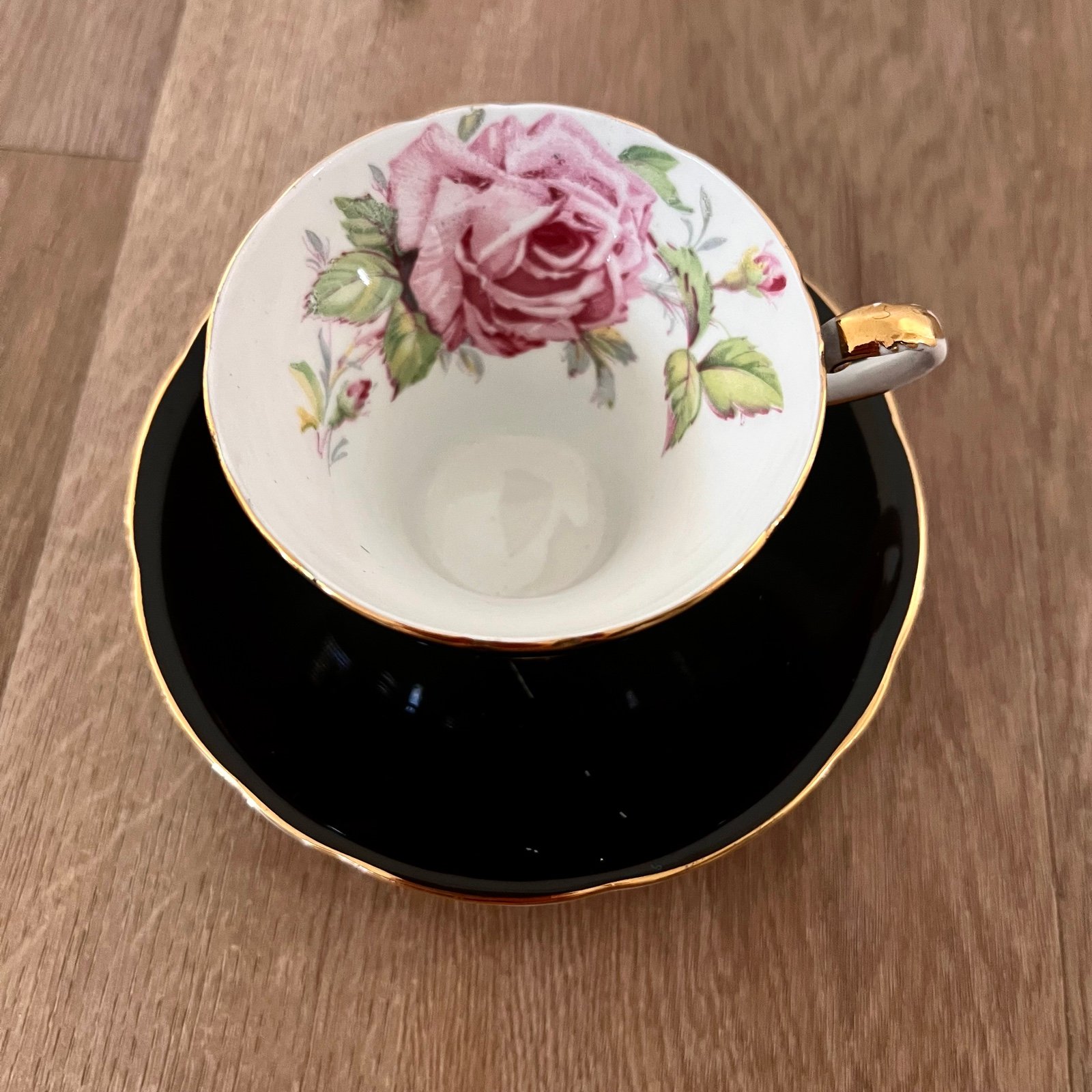 1934-50 Aynsley Tea Cup and Saucer Black With Pink Cabbage Roses - Vintage Rare