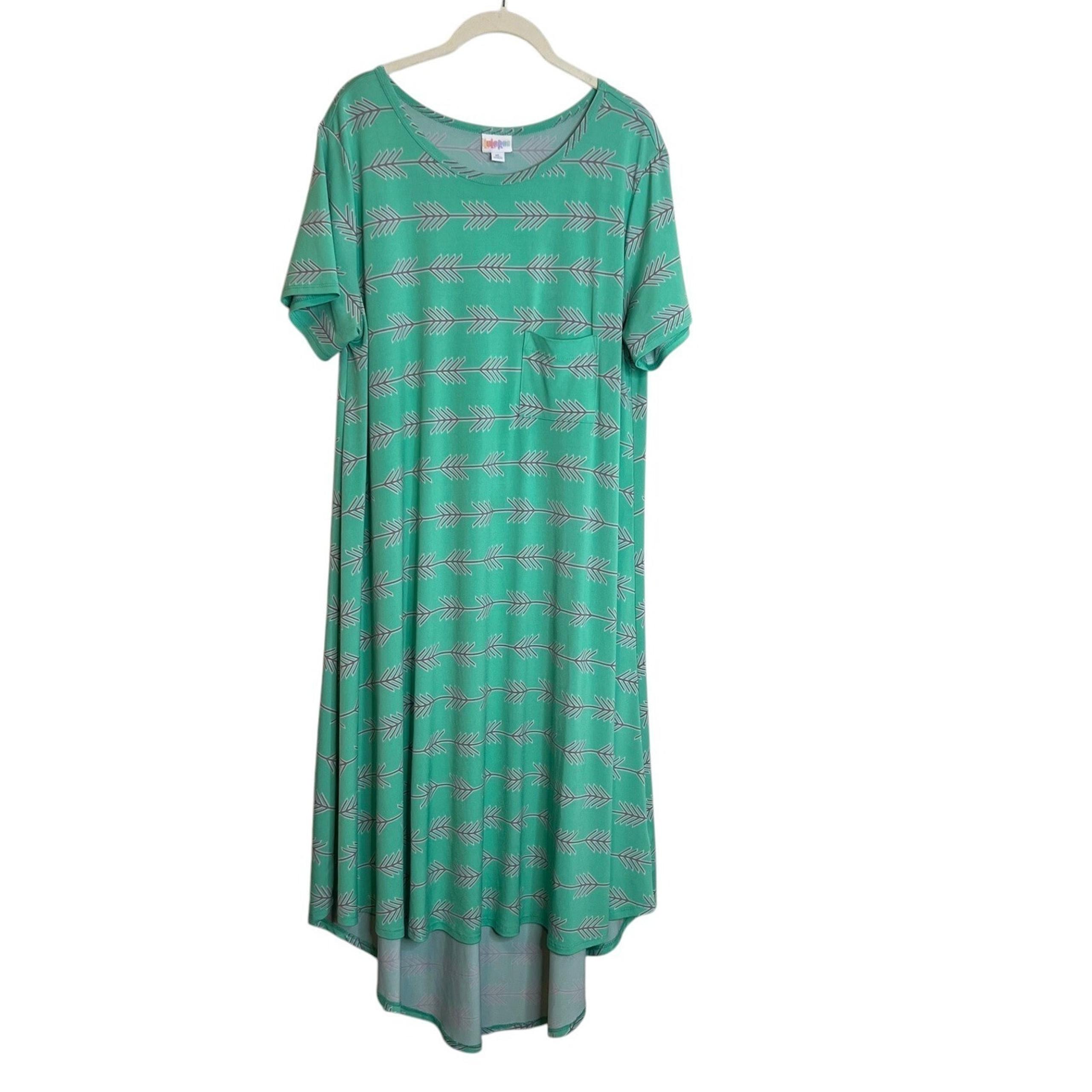 LuLaRoe Womens High Low Midi Dress Size XL Teal Arrow Print Short Sleeve