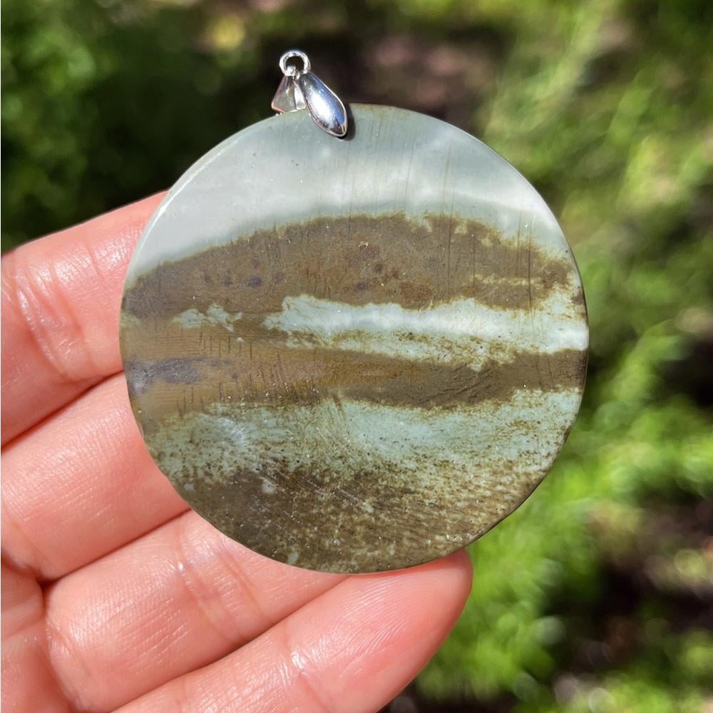 Sterling silver large round scenery landscape jasper pendant