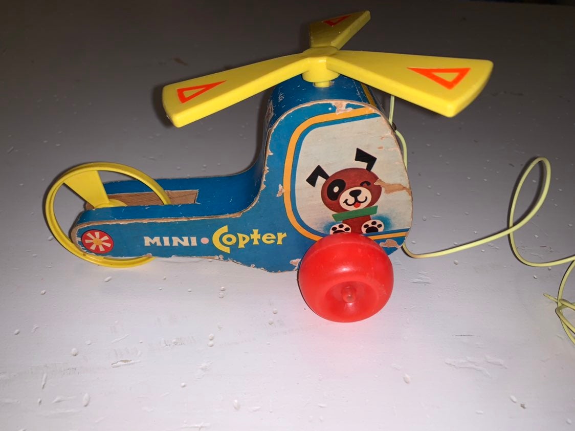 Vintage! 1970 Fisher Price MINI COPTER #448 Wooden Helicopter Pull TOY