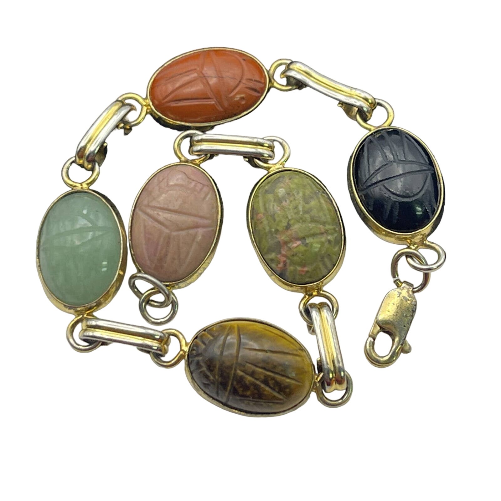 Vintage Sterling Silver Bracelet 925 Egyptian Revival Scarab Beetle Stones #33