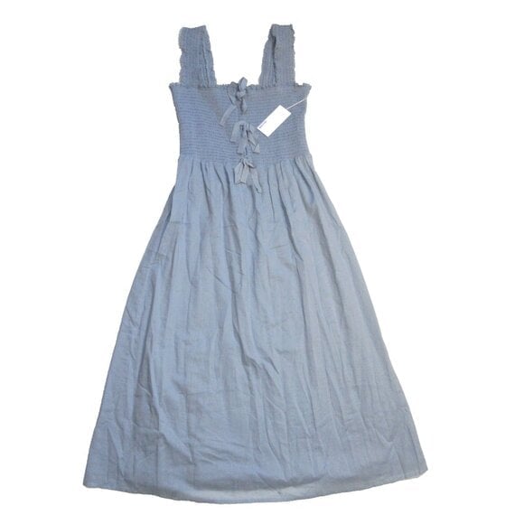 NWT Reformation Darla in Mineral Blue Square Neck Cotton Smocked Midi Dress L