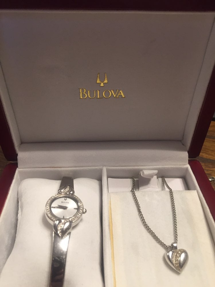 Bulova Crystal Heart Watch & Necklace