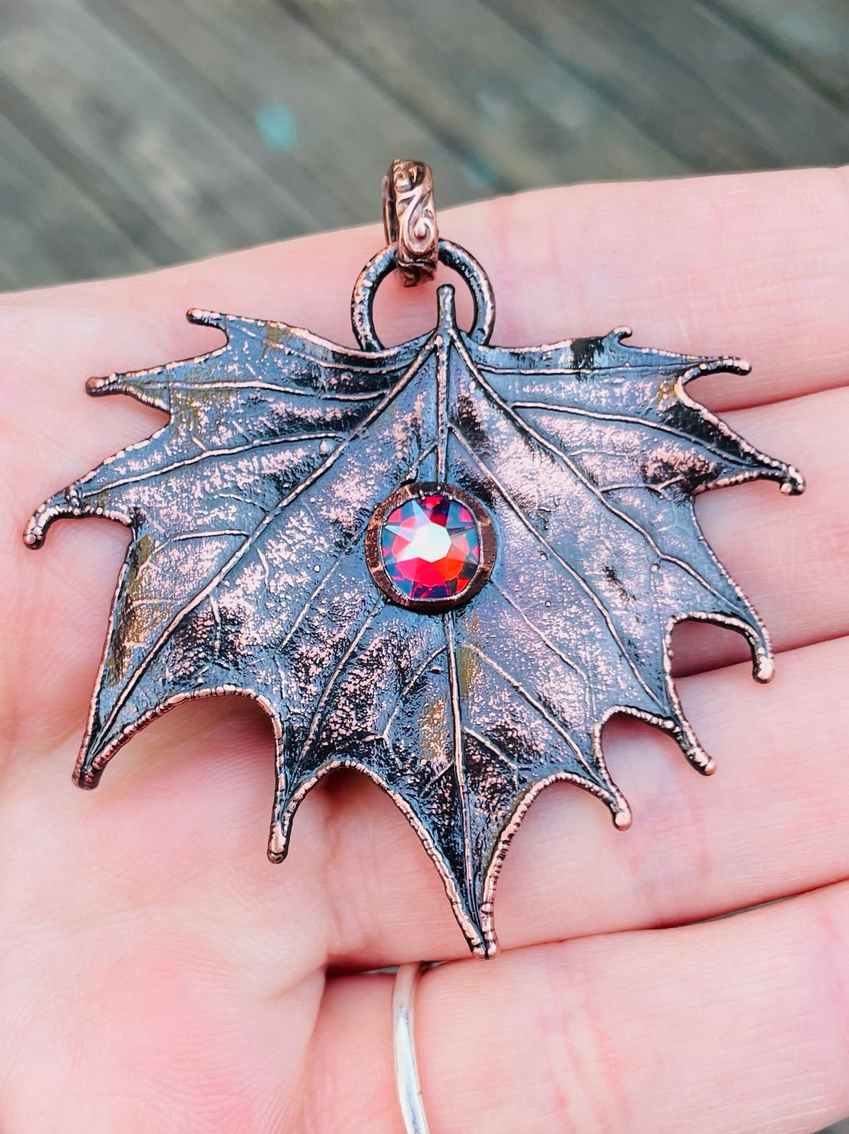 REAL Maple Leaf Pendant in copper with Hyacinth Glacier Blue Swarovski Crystal