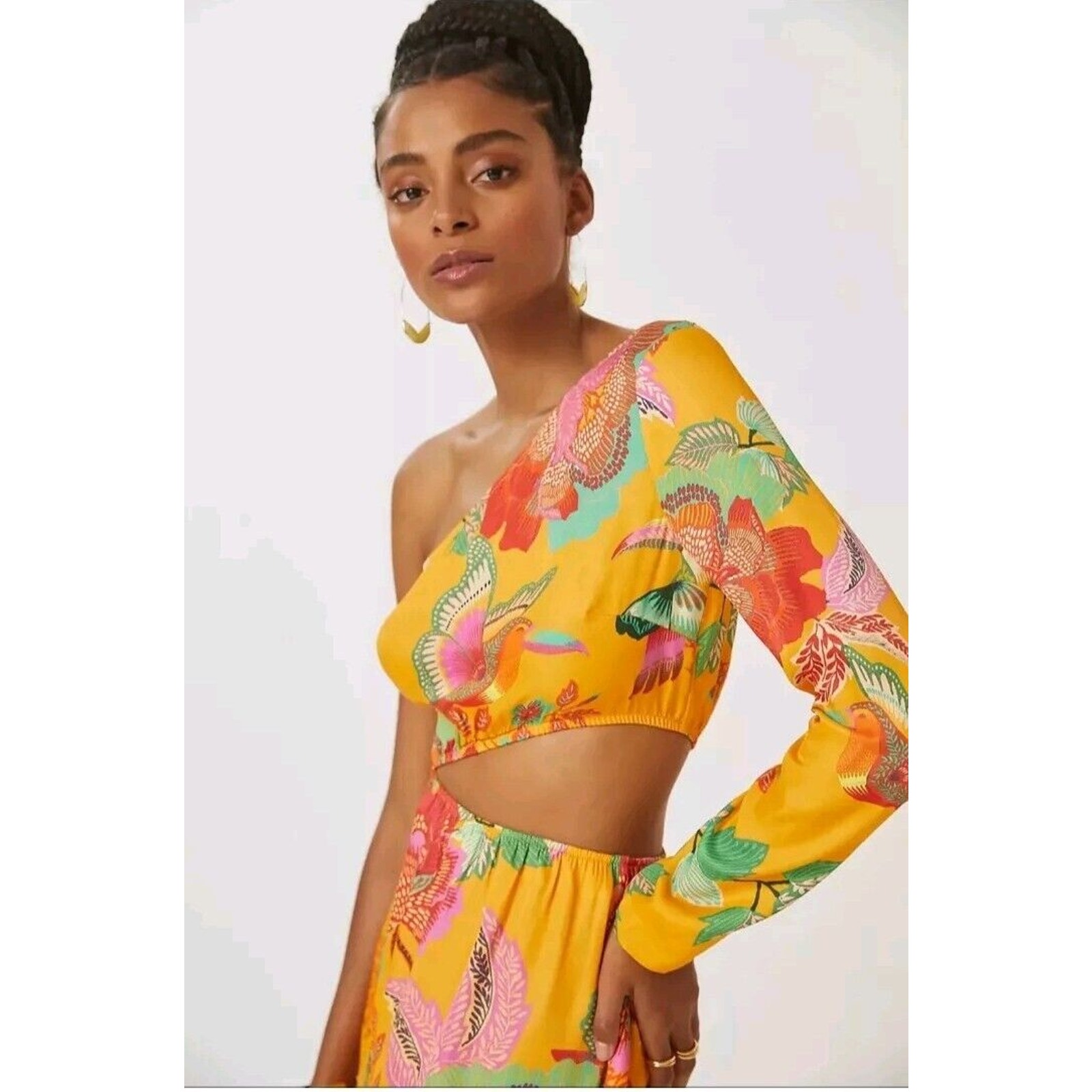 Farm Rio Anthropologie Parrot AOP Maxi Sun Dress XS One Shoulder Cut Out Beachy