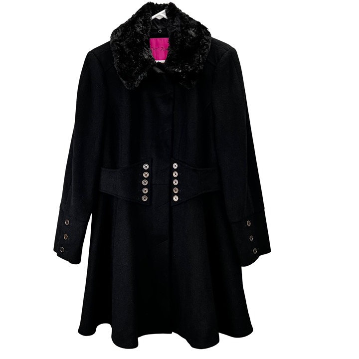 Betsey Johnson Corset Flared Wool Coat 12 Black Button Up Faux Fur Trim