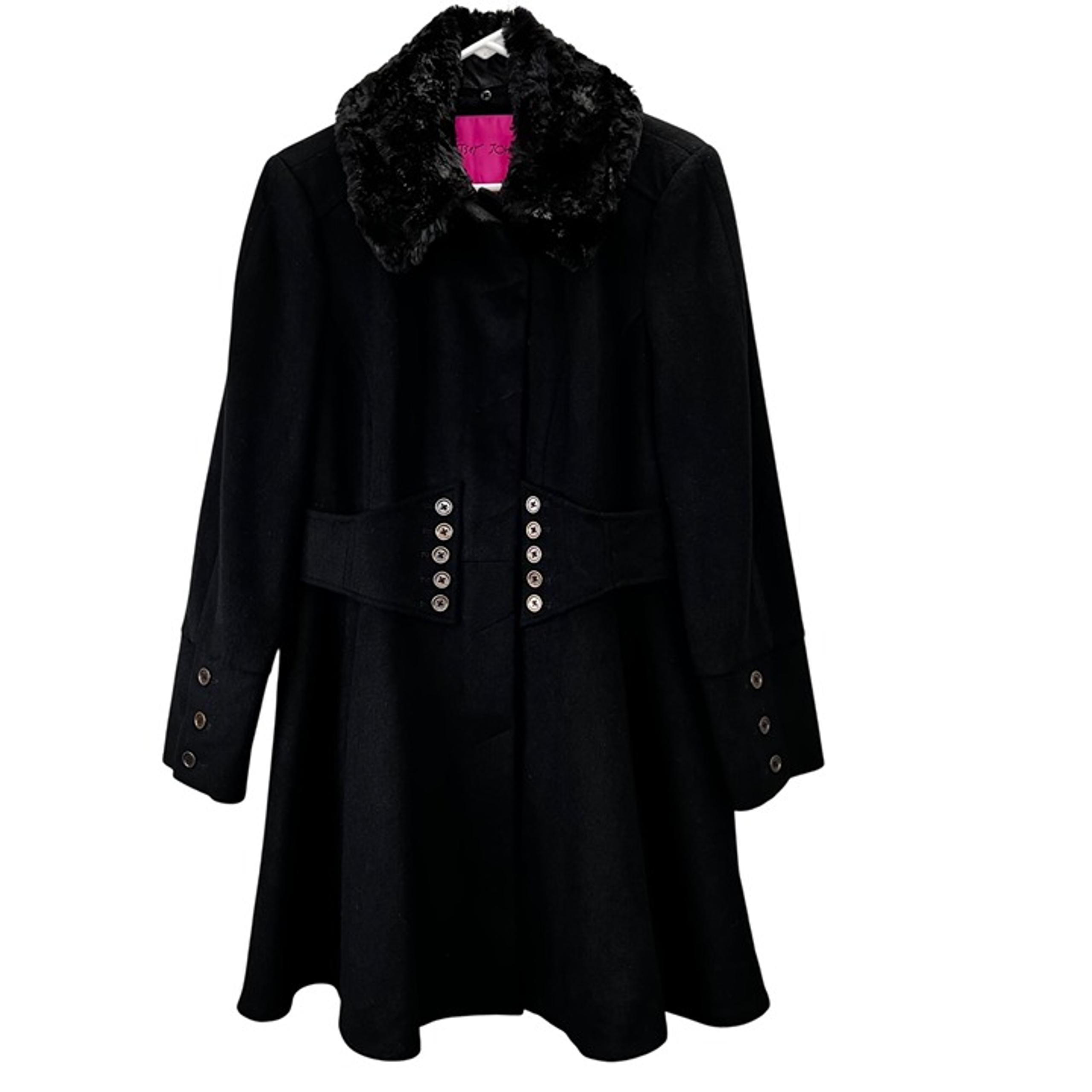 Betsey Johnson Corset Flared Wool Coat 12 Black Button Up Faux Fur Trim