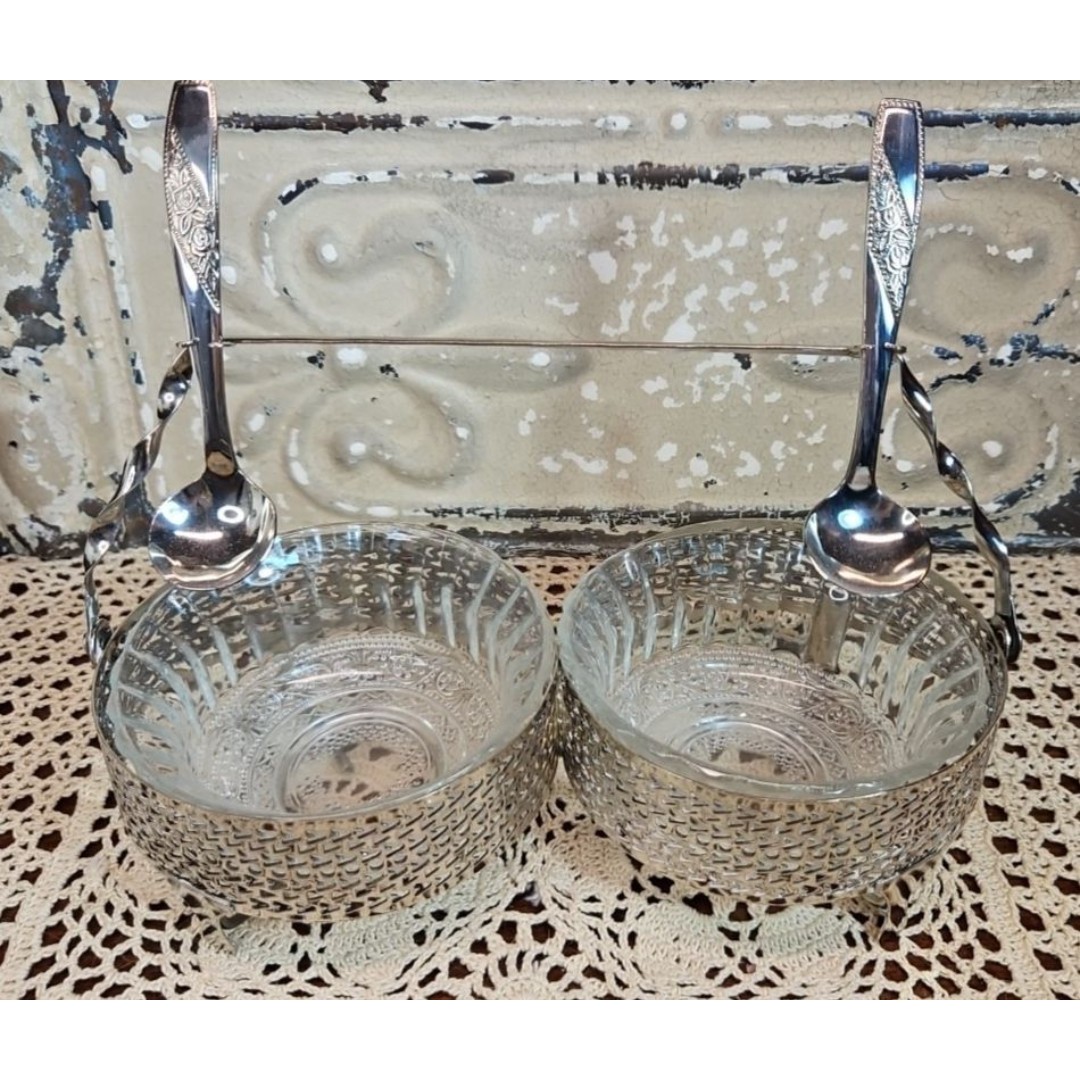 Vtg Silver Plated Double Sugar Condiment Clear Glass Bowls w/ Hanging Spoons