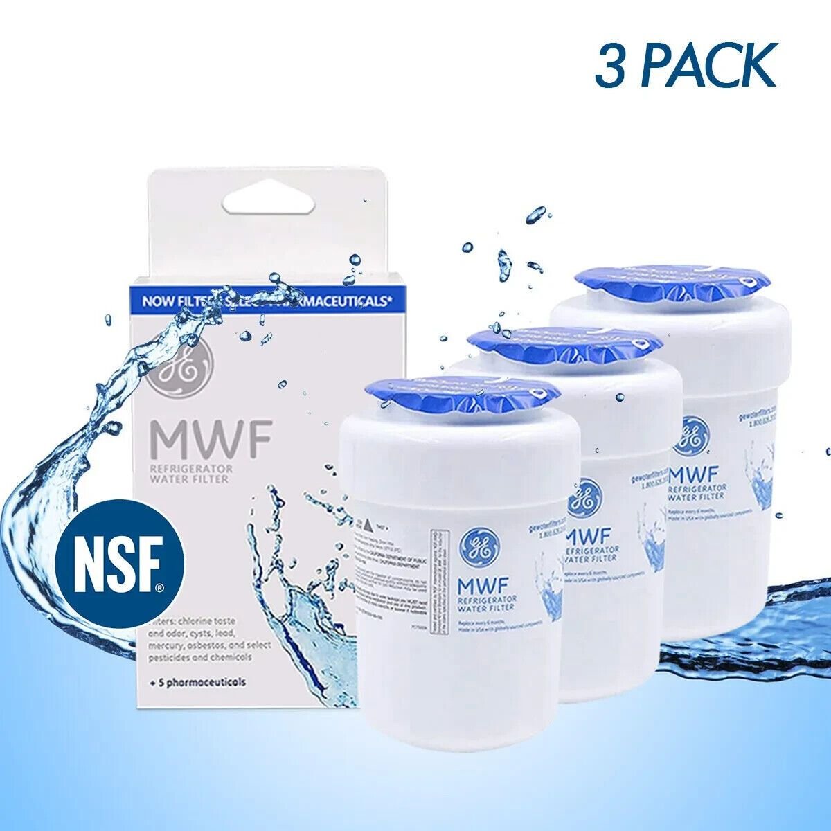 3 Pack Genuine GE MWF Replacement Refrigerator Water Filter 6 Month NEW