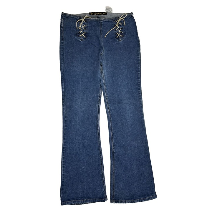 Vintage Womens 12/13 Lace Up Mid Rise Faded Flare Blue Jeans