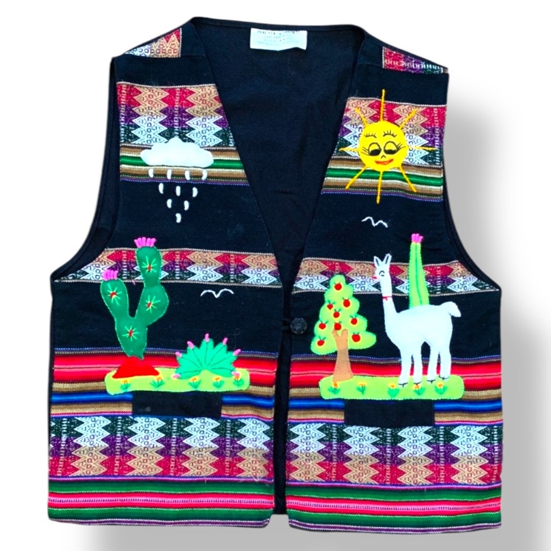 Vintage Peruvian Imports Llama Vest Folk Art Appliqué Striped Colorful Large