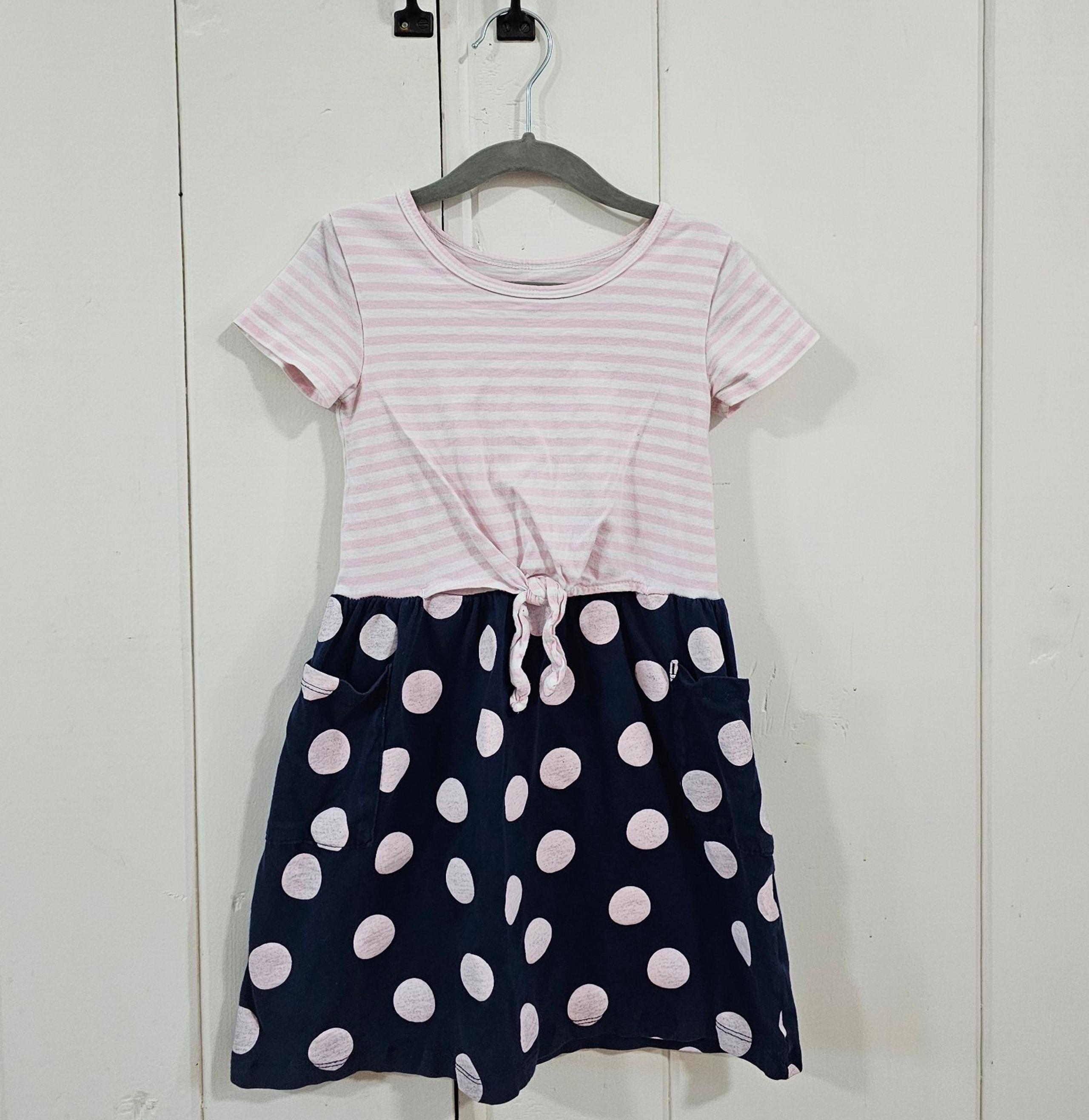 Carter's Girls Light Pink, White and Navy Stripe and Polka Dot Tie Front Dress 5