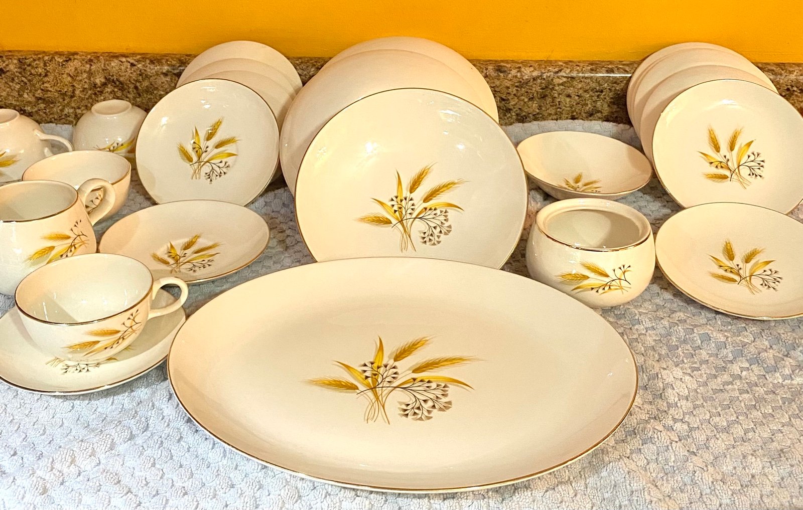 Vintage Homer Laughlin Rhythm Wheat Dish Set 22K Gold Rim Lot Of 34.