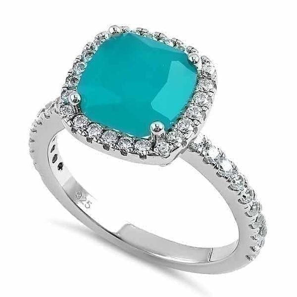 Cushion Cut Turquoise Cloudy Glass and Clear CZ Sterling Silver Ring